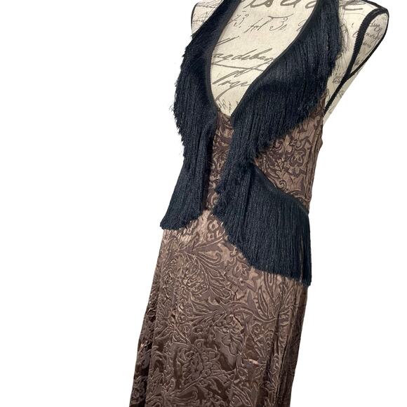 NEW Anthropologie Fringed Jacquard Velvet Halter Dress Brown / Black - Sz 14 - Picture 2 of 12